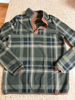 LIV Outdoor Olive Green and Tan Plaid Fleece Pullover